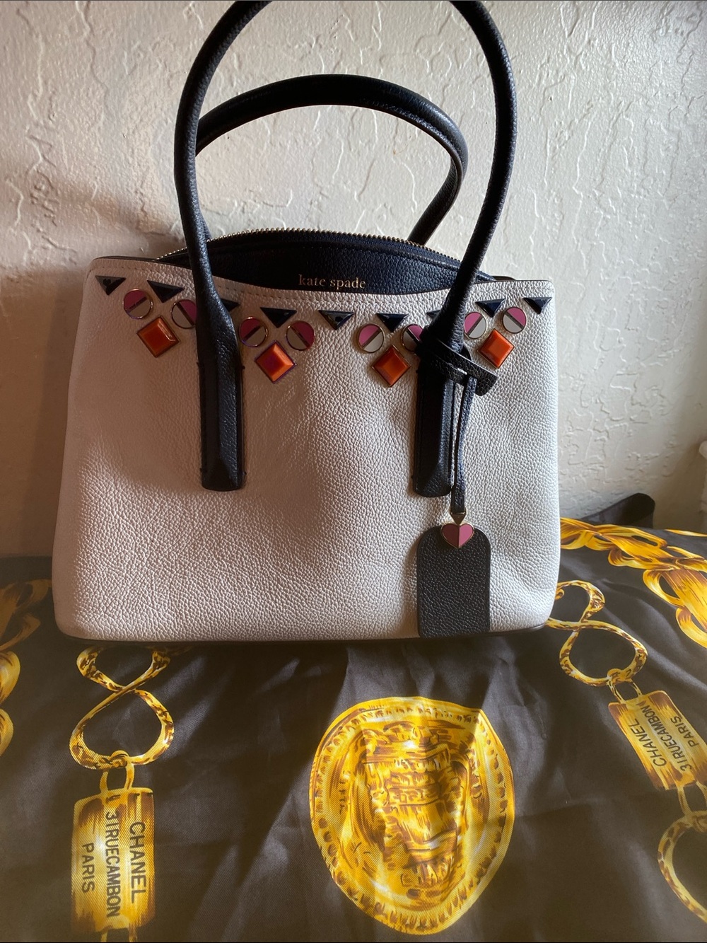 kate spade White Pebbled Satchel with Black Handles and Pink & Orange